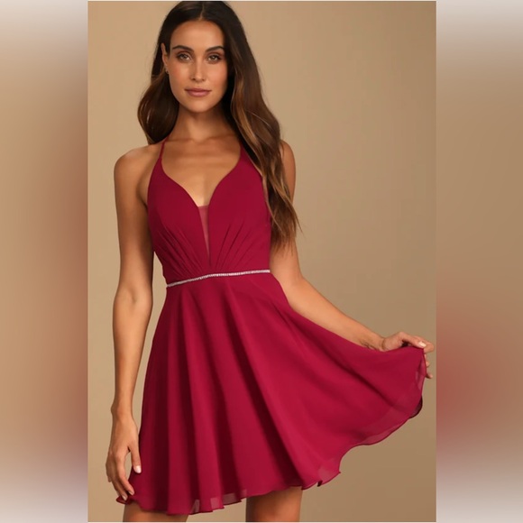 Lulus Bling Queen Burgundy Lace-Up Rhinestone Skater Dress - Picture 1 of 10